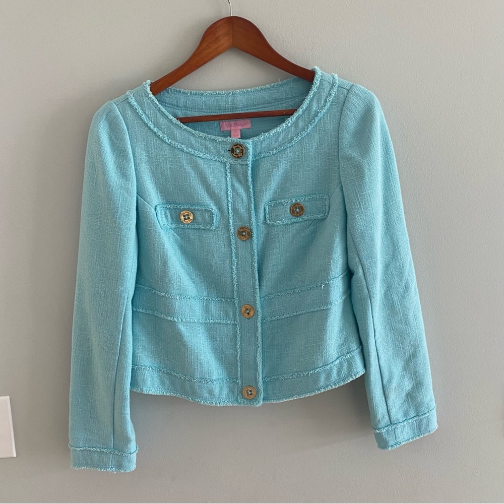 Lilly Pulitzer aqua blue tweed blazer w gold buttons and fringe detail size s